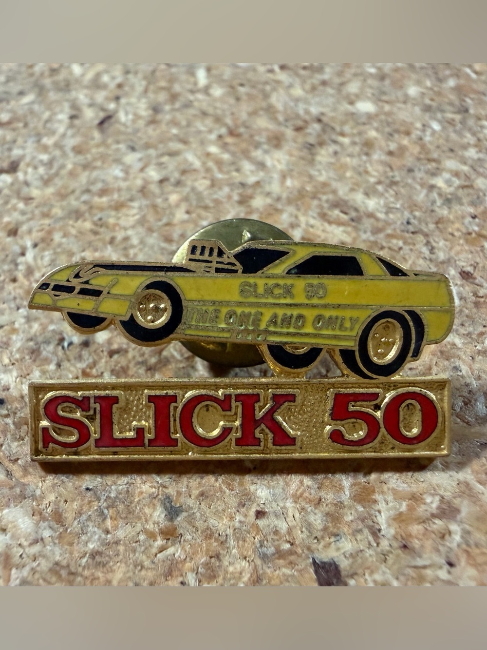 Vintage Slick 50 Funny Car Pinback NHRA Hat Lapel Drag Racing Pin Hotrod 80s 90s